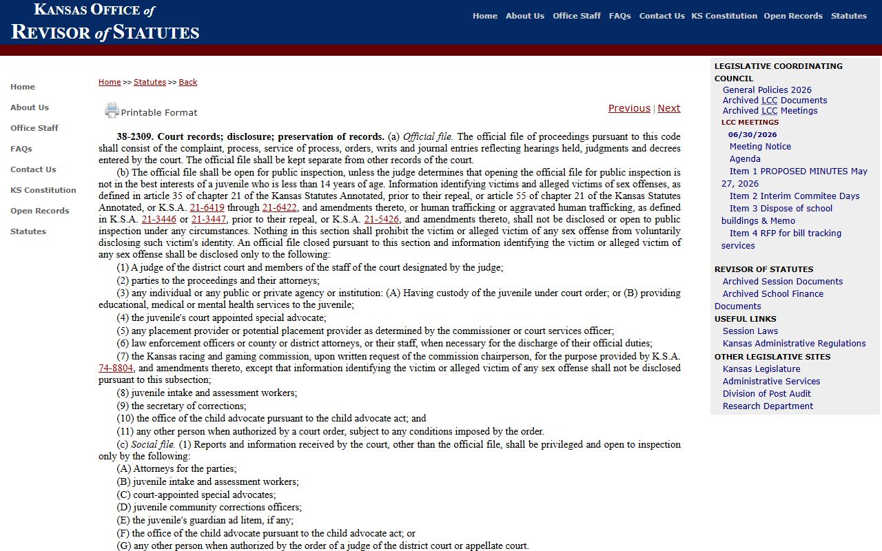 Sumner County criminal court records Kansas juvenile court records statute