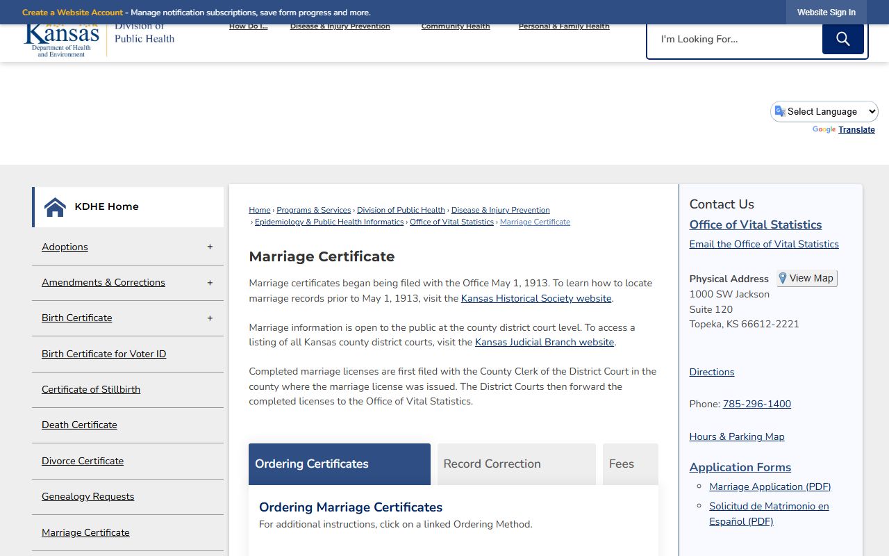 Sumner County marriage records KDHE certified marriage certificate information