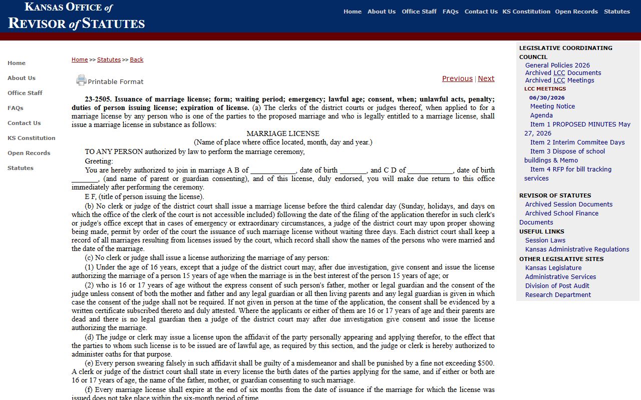 Sumner County marriage records Kansas marriage license statute