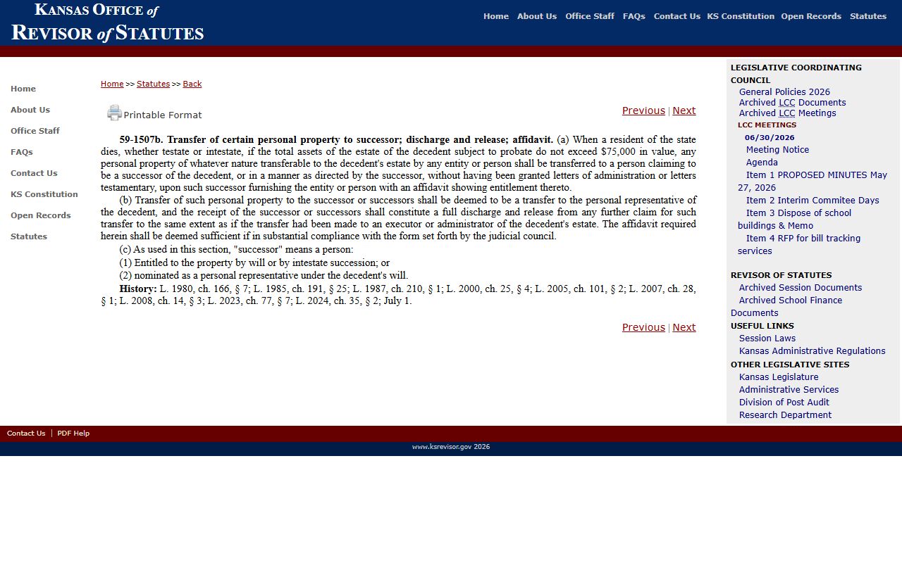 Sumner County probate records Kansas small estate affidavit statute