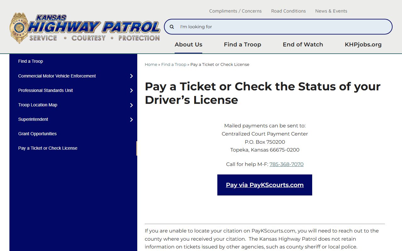 Sumner County traffic court records Kansas Highway Patrol payment instructions