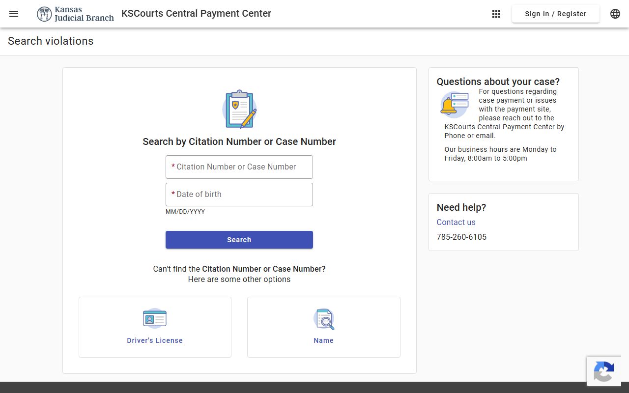 Sumner County traffic court records KSCourts Central Payment Center search fields